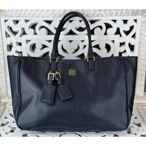 Tory Burch ROSLYN Large NAVY BLUE Leather Work Travel Tote Handbag Shoulder Bag